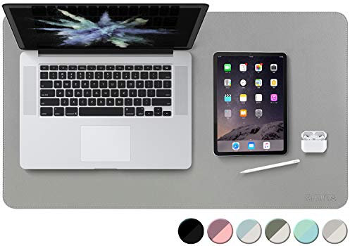 EMINTA Doppelseitig Multifunktionale Schreibtischunterlage, Verstärkung Nähen PU Leder Tischunterlage, 60 x 35cm Wasserdichtes Ultradünnes Laptop Mauspad für Büro oder Zuhause(Grau/Silber)