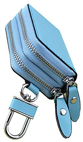 Echtleder Schlüsseletui,MoreChioce Auto Schlüsseltasche mit Haken Tragbares Schlüsselringetui Multifunktionale Mini Münztasche Doppel-Reißverschluss Schlüsselmäppchen,Blau