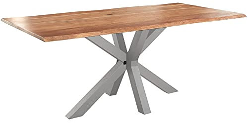 SAM Baumkantentisch 220 x 100 cm Spyro, Akazienholz naturfarben & massiv, Esszimmertisch mit silbernem Spider-Metallgestell, Platte 26 mm