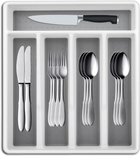 Caja de Cubiertos, Organizador de Cubiertos para el Hogar, Cocina, Bandeja para Utensilios para Cucharas, Tenedores, 5 Compartimentos Bandeja para Cubiertos, Blanco