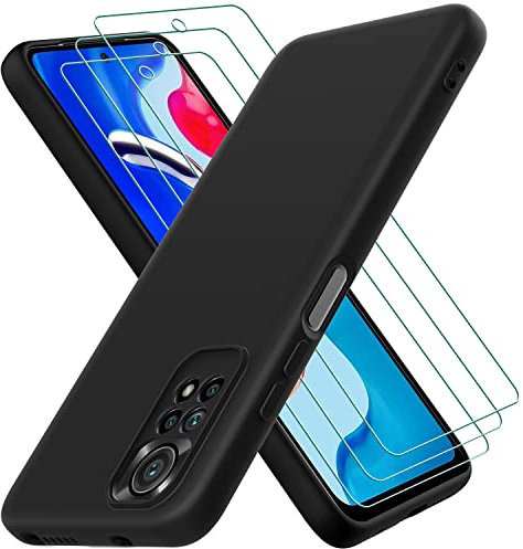 Oureidoo Hülle für Xiaomi Redmi Note 11 4G / Xiaomi Redmi Note 11S 4G, mit 3 Stück Panzerglas Schutzfolie, Handyhülle Silikon gummiert, Handy Case in Schwarz