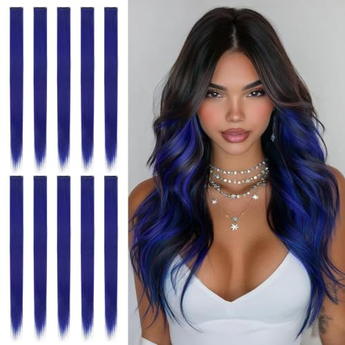 Sofeiyan Haarsträhnen zum Einklipsen,10 Pcs Farbige Haarverlängerung Party | 56cm Bunte Glatte Haarverlängerungen,Clip in Haarsträhnen für Frauen Party Tanzen Feiern,Kristall Blau