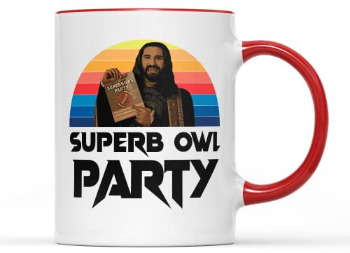 Superb Owl Party Mug Coffee Tea Cup - Retro Style Shadows Supernatural Vampire Roommates Nandor Nadja Colin Laszlo Dark Comedy Funny TV Show Gift Present (Red Handle)