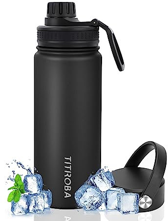 TITIROBA Edelstahl Trinkflasche 600ml Auslaufsicher Thermosflasche BPA Frei Isolierflasche Vakuum Doppelwand Isolierung Schwarz
