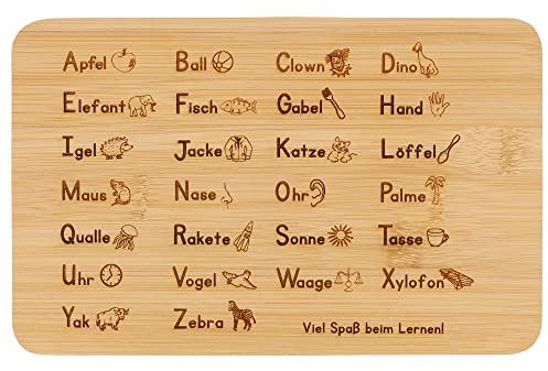 Spruchreif | Frühstücksbrettchen aus Bambus | Graviertes Frühstücksbrettchen ABC | Einschulungsgeschenk für Jungen und Mädchen | Brotbrett ABC | Geschenk Schulanfang Schultüte
