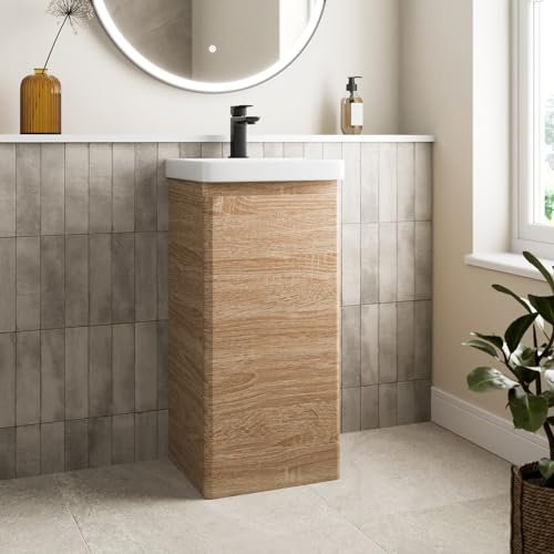 Affine® 400mm Vanity Unit Wash Basin Sink Bathroom Floor Standing Storage Cabinet Cupboard Cloakroom, Soft Close Door, Wood Oak Effect