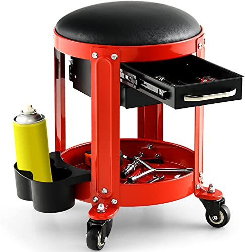 GYMAX Tabouret d'Atelier à roulettes Rond, Charge Max 150KG, Tabouret Roulant pour Mécanicien avec Double Tiroirs et Porte-boîtes, Chaise de Travail de Réparation pour Garage/Atelier
