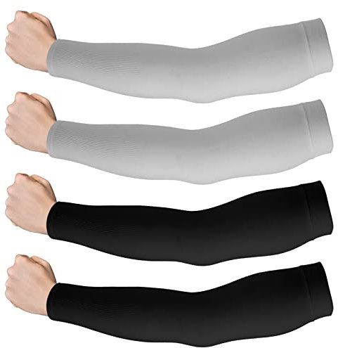 WLLHYF 2 Pairs UV Sun Protection Sleeves Unisex Arm Sleeves Nylon Spandex Tattoo Cover Up Cooling Athletic Sports Sleeves for Men Women Basketball Football Outdoors Activities (Black/Gray)