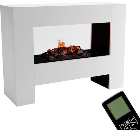 GLOW FIRE Wasserdampf Kamin FALLADA (Standkamin) - Elektrokamin mit realistischen LED 3D-Flammen, Knistereffekt & Fernbedienung, 120x90x40 cm - Opti-Myst 500 Elektro Kamin mit Holz-Deko, Weiß