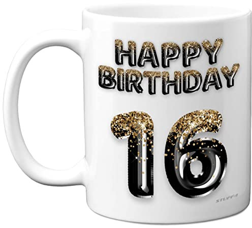 16th Birthday Gift for Boys - Black Gold Glitter Balloons - Happy Birthday Mug Present for 16 Year Old Son Brother Grandson Cousin Friend, 11oz Ceramic Dishwasher Safe Coffee Mugs Cup
