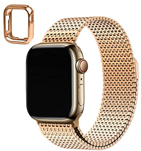 Wristitani Compatible with Apple Watch Bands 42mm 44mm 45mm, Stainless Steel Strap for iWatch Series 9/8/7/6/SE/5/4/3/2/1, Metal Watch Bracelet with Magnetic Clasp for Men Women, Rose Gold