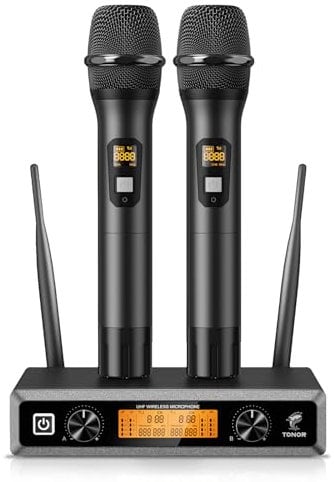 TONOR Microfono wireless UHF professionale dinamico doppio microfono senza fili, sistema di microfono a mano, set per karaoke, feste, DJ, chiesa, matrimonio, riunione, 60 metri, TW820, Nero