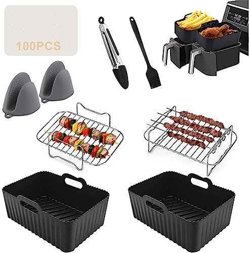 Silicone Air Fryer Liner,8pcs Dual Air Fryer Accessories for Ninja Dual AF300UK AF400UK, Including Silicone Air Fryer Liner & Racks & Paper Lining & Gloves & Food Clip Compatible with Oven, Microwave