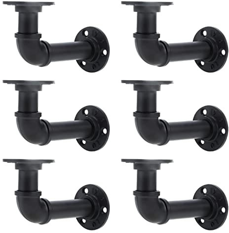 LYCN 6 Pack Industrial Pipe Shelf Brackets, Heavy Duty Plumbing Pipe Shelves with Screws, Black Floating Iron Wall Mounted Shelving for Rustic Home Decoration Bookshelf Floating Shelves,15X9 cm