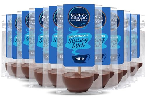Guppy's Chocolates York | Milk Hot Chocolate Stirrers | 10 Pack | 32gram Cup Shaped Drinking Chocolate Sticks Spoons | Individually Packaged