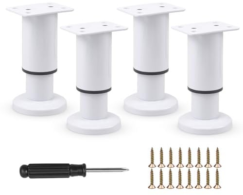 Furniture Adjustable Legs, Metal Bed Support Leg Central Slat Frame Couch Replacement Support Leg Part Heavy Duty Furniture Foot with Screwdriver for Cabinet/Dresser/Table/Sofa 8-12cm (White 4 Pcs)
