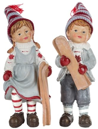 Wohnando Winterkinder Figuren 2er-Set – Mädchen & Junge auf Skiern | Detailreiche Frostfiguren aus Polyresin – ideal für Tisch, Kaminsims & Eingangsbereich
