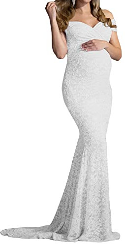 Vuncio Robe Longue Grossesse Chic et Elegant Manche Courte Col en V Dos en V Enceinte Mariage Fête Cérémonie Shooting Photo Blanc XL