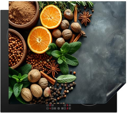 KitchenYeah© Copri Piano Cottura 60x52 cm Cucina Coprifornelli Tappetino per Induzione Fornello Tutto per la Cucina Spezie - Frutta - Calcestruzzo - Noccioline - Arancia