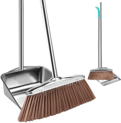 Broom and Dustpan Set With Long Handle - Stainless Steel Brush Combo for Indoor Outdoor Kitchen Room Office Lobby (Square)