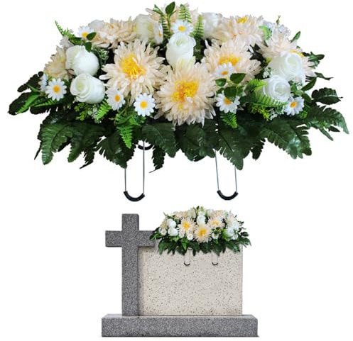 NASSMOSSE Friedhofsblumen für Grab, künstliche Grabblumen, realistische Friedhofsblumen, Grabblumen mit Sattel, Seide, Chrysantheme, 64 x 47 cm, Gedenkdekoration, Friedhofsblumen, Champagner
