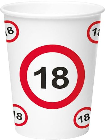 Folat Décoration d'anniversaire signalisation-Gobelets-panneaux d'interdiction Nombre 18-250 ml-8 pièces, 28378, Blanc