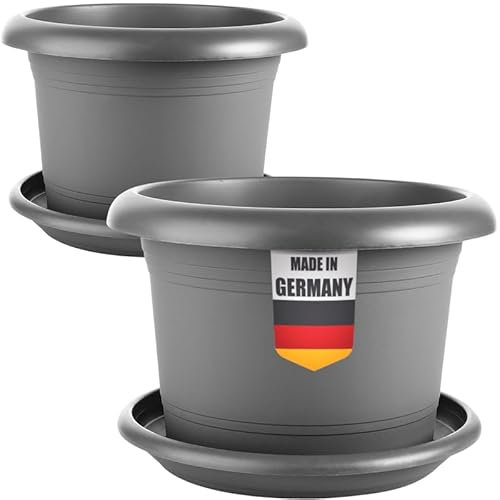 LIVINJA Anthrazit 2er-Set Pflanzkübel 50cm Rund - Blumentopf draußen 50cm Durchmesser mit Untersetzer, XXL Pflanzkübel mit optimaler Drainage
