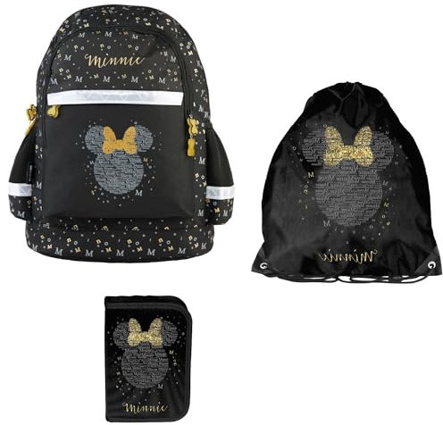 PASO 3-TEILIGES SCHULSET: RUCKSACK + TURNBEUTEL + BEFÜLLTE FEDERMAPPE - MINNIE MAUS