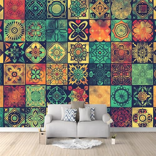 Fototapete Mandala Bohemian Stil, Vintage-Ethno-Stil Tapete 300 x 210 cm Vlies Tapeten 3D Wanddeko Wallpaper Wandtapete Dekoration Schlafzimmer Study Restaurant Cafe