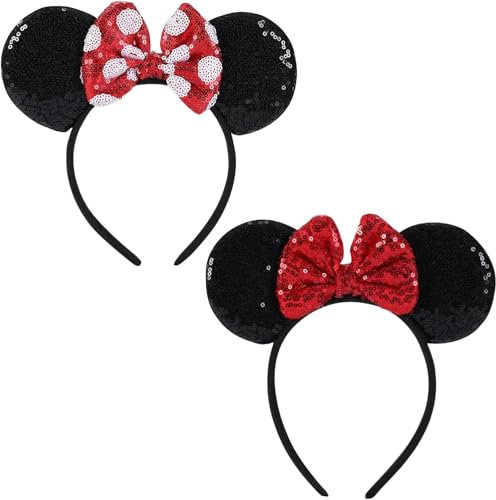 [2er-Pack] Mouse Ears Haarreifen,Stirnbänder Schwarze Mausohren mit Roter Schleife und weißen Punkten für Cosplay-Kostüme, Verkleidungszubehör Partys, Festivals usw.