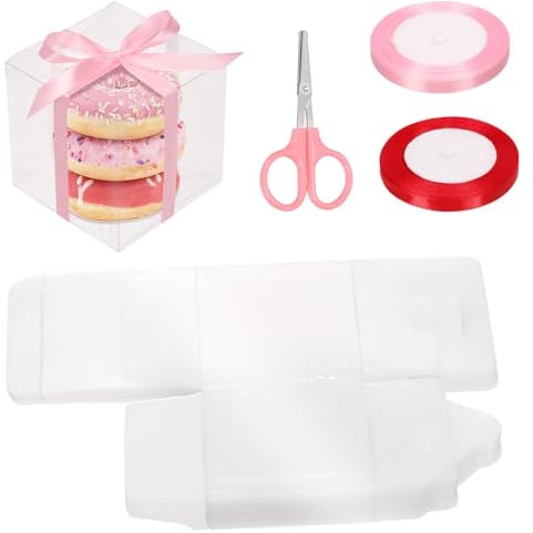 Keadic 33 Stück Klar Quadratisch Favor Boxen mit Geschenkbänder, Schere, kleine transparente Würfel Kunststoff-Verpackung behandeln Box für Macaron Candy Cupcake Hochzeit Party (Klar, 3x 3 Zoll)