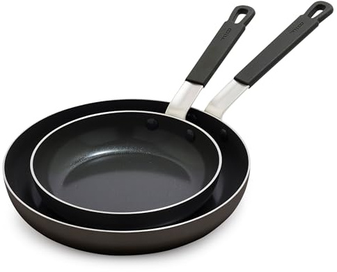 Greenpan Bobby Flay - Set di padelle antiaderenti in ceramica senza PFAS e PFOA, adatte a induzione, manico in silicone con impugnatura in silicone, lavabili in lavastoviglie e forno, colore: nero