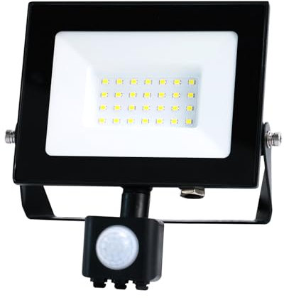 Bright Source LED Floodlight, PIR Motion Sensor, IP65, 30W, 3300lm, 120° Beam Angle, 6500K Daylight White, Black, with Adjustable Tilt Mounting Bracket & 1m Lead Wire
