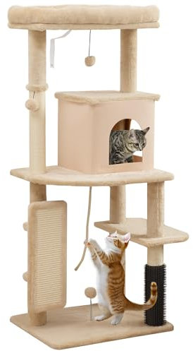 PawHut Árbol Rascador para Gatos Altura 132 cm Árbol para Gatos Torre para Gatos con Plataformas Poste con Cepillo Bolas Colgantes y Almohadilla para Rascar Beige