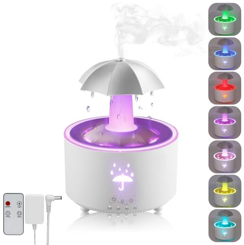 Humidifier for Bedroom, 7-Color Rotating Umbrella Diffuser with Rain Drop Effect, 300ML Small Humidifier Aroma Diffuser with Remote & Timer, Funny Rain Humidifier Gift for Kid Teen Women (White)
