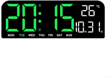 Digitale Wanduhr, 26,7 cm großes Display, LED-Bildschirm, Wecker mit Datum/Uhrzeit/Temperaturanzeige, Wanduhren für Zuhause, Büro, Schlafzimmer (grün)