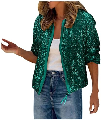 Pailletten Jacke Damen Gold Glitzer Blouson College Jacke Reißverschluss Pailletten Blazer Disco Langarm Cardigan Jacket Glitzer Outfit Elegant Brautjacke Festliche Party Bomberjacke Sakko Rave Outfit