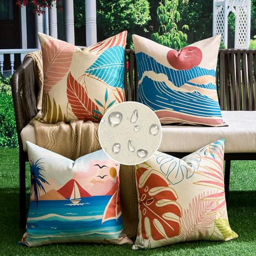 Velvhom wasserdichte Kissenbezug 40 x 40 cm Tropische Blätter Sofakissen Outdoor Kissen Frühling Sommer Kissenhülle Strand Dekokissen für Terrasse Garten Wohnzimmer Schlafzimmer 4 Stück