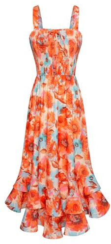 GRACE KARIN Robe longue d'été à bretelles florales pour femme, col carré, ourlet double couche, smocké, Fleurs de peinture à l'huile, XL