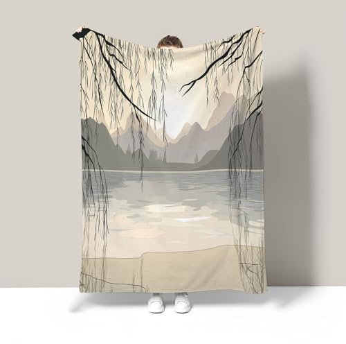 Kuscheldecke Mit Weide See 220X240Cm, Sofa Decke Mit Chinesische Landschaft, Weiche Warme Flanell Fleecedecke Für Erwachsene, Warme Decken Für Kinder Mädchen