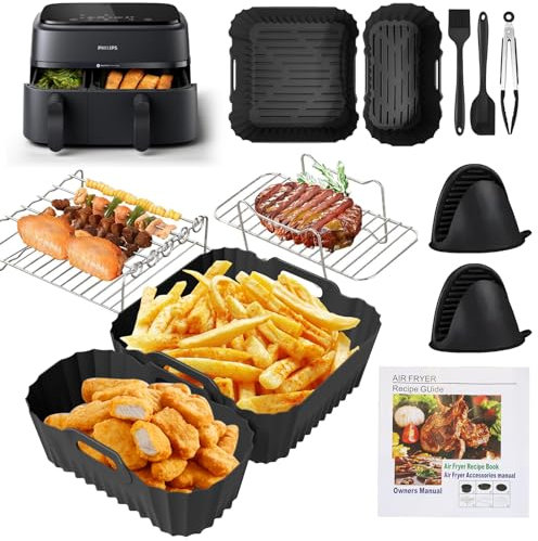 Heißluftfritteuse Zubehör für Philips Airfryer 3000/5000 Zubehör Series Dual Basket 6L/3L, Silikonform Heißluftfritteuse Zubehör Grillrost Grillzange Einsatz Heisluftfritöse Zubehör für Philips 9L