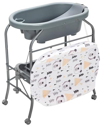 GOPLUS Baignoire Pliable Bébé 4 en 1, Baignoire Bebe sur Pied, avec Panier de Rangement et Roues Verrouillables, Charge 35 KG, Table a Langer avec Baignoire pour 0-12 Mois (Gris Foncé)