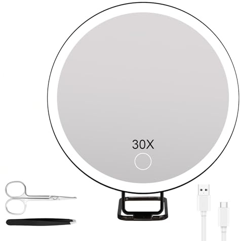 Cuteefun Espejo Aumento 30X con Ventosa, Espejo Maquillaje con Luz, Negro | De Sobremesa y Colgante, Luz LED de 3 Colores, Atenuación de Pantalla Táctil, Recargable por USB, Ideal para Tocador, Baño