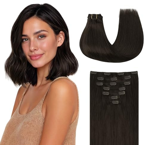 GOO GOO Clip in Extensions Echthaar, Echthaar Extensions Clip, 25cm 55g 7pcs, Haarverlängerung Echthaar, 2 Dunkelbraun