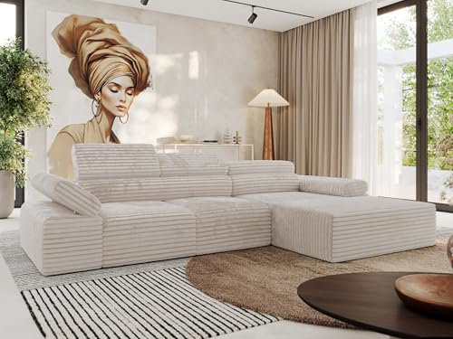 MKS MEBLE Ecksofa mit relaxfunktion elektrisch, Sofa L-Form - Rilasso - Beige Cord Rechts