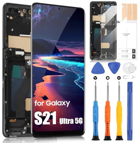 ARSSLY Schermo per Samsung Galaxy S21 Ultra 5G LCD Schermo SM-G998B SM-G998U SM-G998W Touch Screen Digitizer Assembly + Riparazione Kit (nero con telaio, non supporta impronte digitali, TFT)