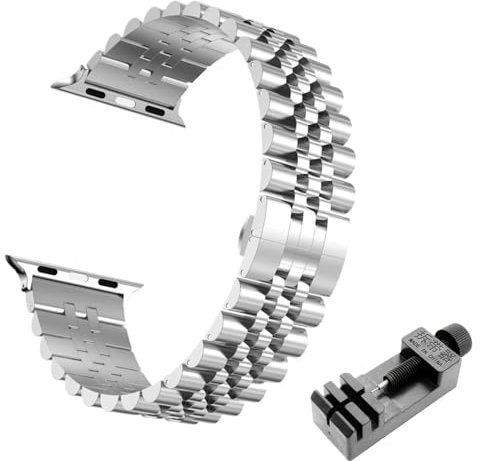TYEMLM Correa de acero metálico para Apple Watch Ultra Band 49 mm 46 mm 44 mm 38 mm 42 mm Pulsera de repuesto IWatch Series 10 9 8 7 6 5 45 mm 41 mm Correas de reloj de ACERO INOXIDABLE(Silver tool,49