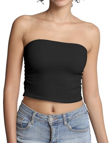 Comfyin Tube Tops for Women Strapless Bandeau Sleeveless Crop Top Basic Backless Summer Going Out Tank Top,Black,XL