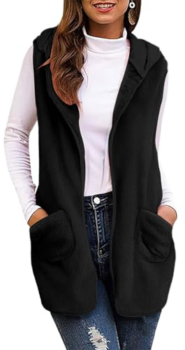 Fleece Gilet for Women UK Teddy Bear Vest Sherpa Fluffy Waistcoat Body Warmer Open Front Faux Fur Gilets Fuzzy Cozy Gilets Ladies Winter Warm Jacket Sleeveless Long Coat Outwear with Pocket