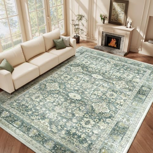 HOMFINE Teppich Wohnzimmer 300x400cm Vintage Waschbar Grün | Großer Waschbarer Kurzflor Teppich mit Blumenmuster, Rutschfest, Weich und ideal für Wohnzimmer, Schlafzimmer und Esszimmer